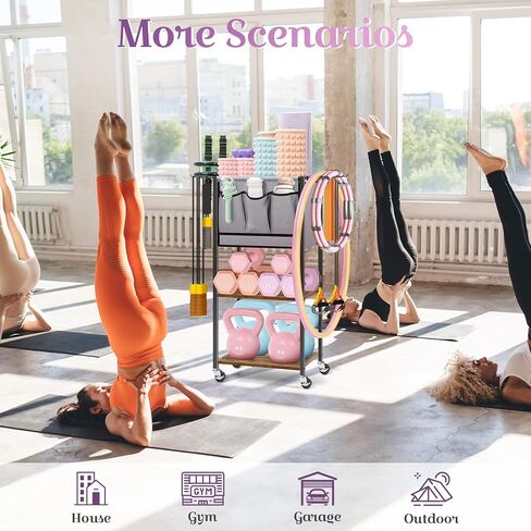 رف تخزين لصالة الألعاب الرياضية المنزلية - رف تخزين بساط اليوجا لبساط اليوجا والدامبل وأسطوانة الرغوة وحزام اليوجا ومنظم معدات التمرين مع خطافات وعجلات، بني ريفي in Kuwait