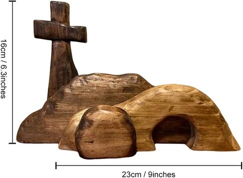 Easter Resurrection Scene Set The Empty Tomb Easter Scene and Cross,Wooden Jesus Nativity Christ Statue Decoration, Handcrafted Cross Figurines Decor Christian Home Wall Shelf Ideas(A) in Kuwait