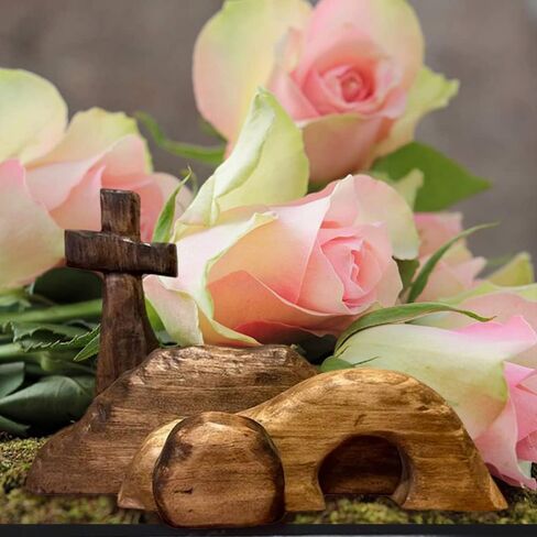 Easter Resurrection Scene Set The Empty Tomb Easter Scene and Cross,Wooden Jesus Nativity Christ Statue Decoration, Handcrafted Cross Figurines Decor Christian Home Wall Shelf Ideas(A) in Kuwait