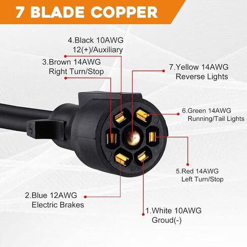 Heavy Duty 7 Way Plug Inline Trailer Cord Weatherproof, 8 Feet (with Junction Box) in Saudi Arabia