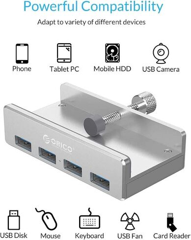 ORICO USB 3.0 Hub، مشبك محور USB، مقسم USB من الألومنيوم بـ 4 منافذ مع منفذ إمداد طاقة إضافي وكابل بيانات USB بطول 4.92 قدم، محور USB يعمل على سطح المكتب للشاشات/المكاتب - أسود (بدون محول طاقة) in Kuwait