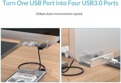 ORICO USB 3.0 Hub، مشبك محور USB، مقسم USB من الألومنيوم بـ 4 منافذ مع منفذ إمداد طاقة إضافي وكابل بيانات USB بطول 4.92 قدم، محور USB يعمل على سطح المكتب للشاشات/المكاتب - أسود (بدون محول طاقة) in Kuwait