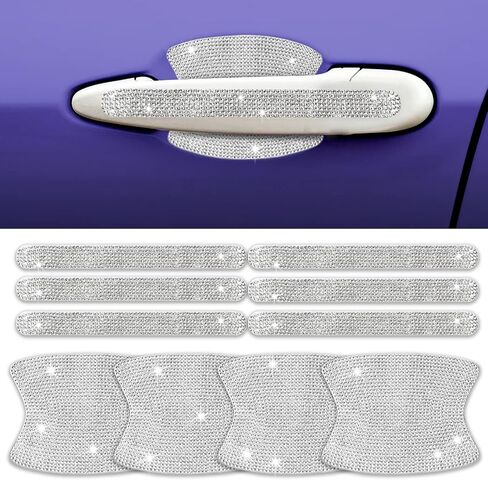 INSAUTO 8 Pieces Bling Car Door Handle Scratch Protector, Universal Rhinestone Car Stickers for Women, Automotive Exterior Accessories (Sliver) in Saudi Arabia