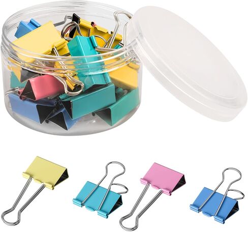 Luney 24PCS Medium Colored Binder Clips, Metal Binder Paper Clips, 4 Colors Mixed Paper Clamps, Colorful PaperClips 1.57 Inch Length for Paperwork, Office, Teacher and School Supplies(Transparent Box) in Kuwait