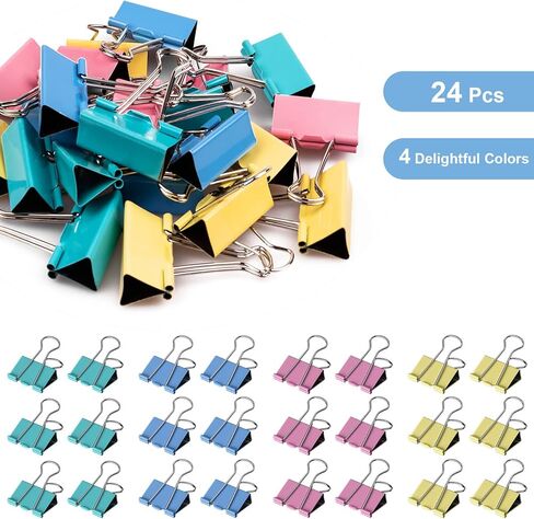 Luney 24PCS Medium Colored Binder Clips, Metal Binder Paper Clips, 4 Colors Mixed Paper Clamps, Colorful PaperClips 1.57 Inch Length for Paperwork, Office, Teacher and School Supplies(Transparent Box) in Kuwait