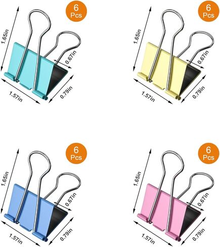 Luney 24PCS Medium Colored Binder Clips, Metal Binder Paper Clips, 4 Colors Mixed Paper Clamps, Colorful PaperClips 1.57 Inch Length for Paperwork, Office, Teacher and School Supplies(Transparent Box) in Kuwait