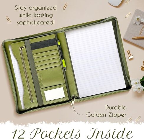 Olive Green Padfolio for Women/Men, Professional Portfolio, Computer/iPad Pocket and Zipper, Business Portfolio with Detachable Strap, Binder Portfolio Organizer in Saudi Arabia