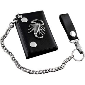 Men's Boys Gift Real Leather Biker Trifold Momey wallet with chain Scorpion