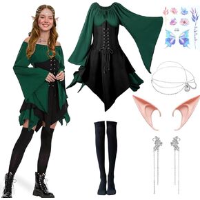 6Pcs Women Elf Costume Medieval Renaissance Dress Traditional Irish Fairy Costume Elf Ear for Halloween Cosplay