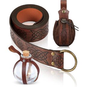 LEIFIDE 3 Pcs Black Medieval Viking Belt Leather Belt Pouch Cork Potion Bottle Renaissance Medieval Bag