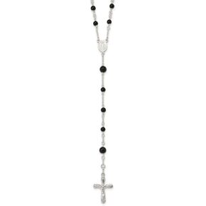 Solid 925 Sterling Silver Black Onyx Rosary Pendant Necklace Charm Chain 33"