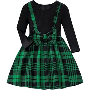 WDIRARA Toddler Girl's Plaid Bow Front Ribbed Knit Round Neck Long Sleeve A Line Dress