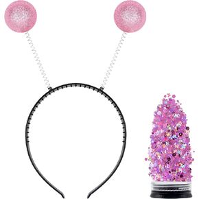 Funcredible Alien Headband with Chunky Glitter | Alien Martian Antenna and Holographic Glitter | Halloween Cosplay Space Theme Alien Costume Party Accessories for Women Girls Adults Kids (Pink)