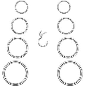 4Pair 8Pcs 16G/18G set Surgical Stainless Steel Septum Hinged Clicker Segment Nose Rings Hoop Helix Cartilage Daith Tragus Sleeper Earrings Body Piercing for Women Men 6mm 8mm 10mm 12mm