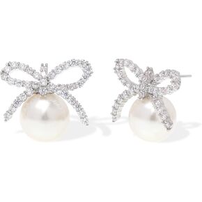 Jean Beau Silver Stud Rhinestone Pearl Bow Earrings for Women, Dainty Piercing Hypoallergenic CZ Wedding Bridal Bridesmaid Earring Prom Festival Trendy Jewelry Gift.