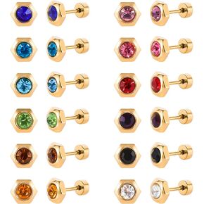 12 Pairs Surgical Stainless Steel Flat Back Birthstone Cubic Zirconia Stud Earrings, Gold Plated Screw Back Round Star Heart Flower Hexagon Triangle CZ Stud Earrings Set
