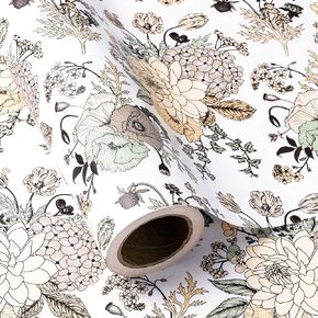 WRAPAHOLIC Reversible Wrapping Paper - 24 Inch X 100 Feet Jumbo Roll Vintage Floral Printed on White Pearlized Paper Design, Perfect for Wedding, Birthday, Mother's Day and More Occasions