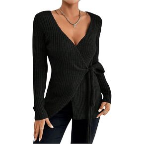 MakeMeChic Women's Fall Sweaters 2024 Long Sleeve V Neck Wrap Tie Side Asymmetrical Knit Lightweight Sweater