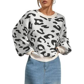 SHENHE Women's Vintage Leopard Print Crew Neck Drop Shoulder Loose Knit Pullover Sweater