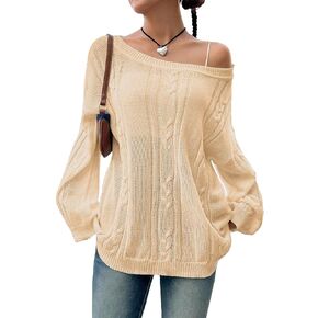 SKAYS Oversized Fall Sweaters for Women, Oversized Cable Knit Sweater Off Shoulder, Solid Color Crew Neck Sweater