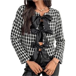 MakeMeChic Women's Plaid Tweed Jacket Bow Knot Crew Neck Long Sleeve Coat Outerwear
