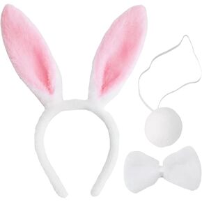 3-Piece Bunny Ears and Tail Costume Accessory Set - Includes White and Pink Bunny Ears Headband, Bow Tie, and Tail for Easter, Halloween, Dress-Up Parties, Cosplay, and Animal-Themed Party Supplies