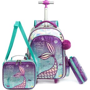 Mermaid Rolling Backpack for Gilrs Backpacks with Wheels for Elementary School Bag Trolley Trips Luggage with Lunch Box for Preschool Students