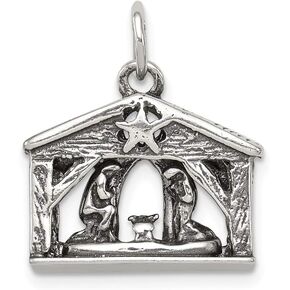 Solid 925 Sterling Silver Vintage Antiqued Manger Charm Pendant - 19mm x 17mm