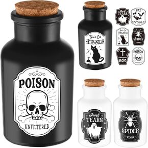 ديكور داخلي لزجاجات جرعات الهالوين: 4 زجاجات جرعات و6 قطع من ملصقات ملصقات الصيدلة لديكورات الهالوين - للصينية المتدرجة في الداخل، والطاولة، وديكور المنزل الساحر (أسود وأبيض) in Kuwait