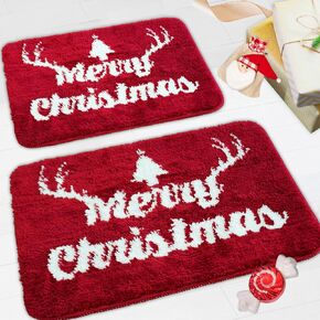 Merry Christmas Decorations Red Bathroom Rugs Cute Bath Mat Christmas Bathroom Decor, Bath mats for Bathroom, Non Slip Backing, Machine Washable, Bathtub 2 Set