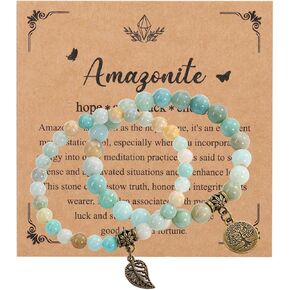 MANIFO Natural Crystals Bracelet Set Healing Crystal Gemstone Beads Stretch Bracelets with Life Tree Leaf Charm for Women Gifts