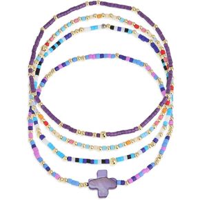 Seed Beads Cross Friendship Stack Bracelets Set for Women, Boho Handmade Colorful Stackable Bracelet Summer Beach Jewelry Gift.