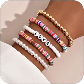 Clay Bead Bracelet Heishi Bracelet Set, Colorful Preppy Smile Evil Eye Beaded Stretch Bracelets Stackable Boho Disc Party Gifts Y2K Kidcore Aesthetic Summer Beach Bohemian Layering Bracelet for Women