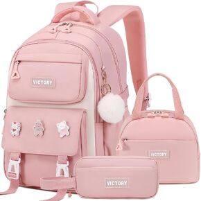 AO ALI VICTORY Backpack for Girls 3 PCS Cute School Backpacks Elementary Kids Book Bag with Lunch Box Pencil Case Set Laptop College Travel Back Pack Large Bookbags for Girl Teens Women Student White