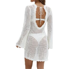 Bsubseach Women Crochet Swimsuit Coverup Knit Hollow Out Bathing Suit Cover Up Backless Beach Dress