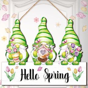 Wenqik Spring Welcome Door Sign Decor Gnomes Spring Hanging Sign Cute Gnome Door Hanger Flowers Spring Decor Farmhouse Wooden Sign for Home Front Door Window Yard Wall Decorations, 13.1 x 10.6 Inch