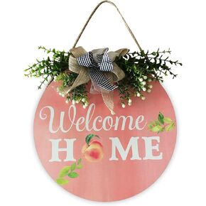 Peach Welcome Sign Front Door Decor Home Round Wood Signs, Peachy Welcome Letters for Farmhouse Porch Decorations Housewarming Gift 12 Inches