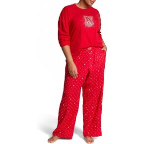 Victoria's Secret Cotton Tee Pajama Set, Long Sleeve Cotton Shirt and Long Flannel Pajama Pant Set, Sleepwear for Women, Red Shimmer (XL)