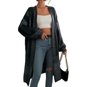 chouyatou Women's Color Block Striped Fuzzy Long Cardigan Sweaters Open Front Diagonal Stripe Knit Cardigan Jacket Coat