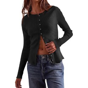 Saodimallsu Womens Lightweight Fitted Sweaters Crew Neck Long Sleeve Button Down Ribbed Knit Cardigan