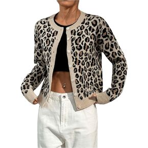 Women's Leopard Print Cardigan Sweater Drop Shoulder Cardigan Cheetah Button Down Crewneck Cardigan Sweater Knit Top