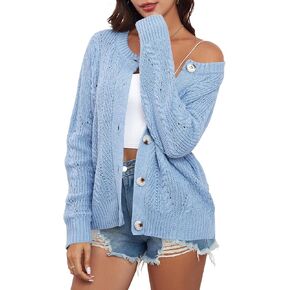 ZAFUL Womens Cable Knit Cardigan Button Down Crew Neck Sweater Loose Long Sleeve Open Front Jacket Outwear