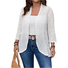 Verdusa Women's Plus Size Hollow Out 3/4 Sleeve Open Front Ruffled Cardigan Kimono