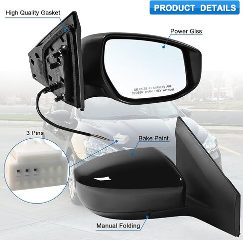 Right Passenger Side Mirror Assembly Fits 2013-2019 Nissan Sentra with Power Glass Manual Folding Match to Black Replace NI1321238(3 Pins) in Saudi Arabia