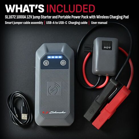Schumacher Electric Lithium Jump Starter and Portable Power Pack SL1672, 4-in-1, 1000A, 12V, 10 Watt Wireless and 3A USB Charging- Works on Cars, Trucks, Motorcycles, Marine Batteries, SUVs, and More in Saudi Arabia