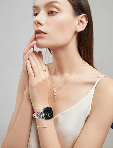 سوار جلدي من TOYOUTHS متوافق مع Fitbit Versa 4/Versa 3/Fitbit Sense 2/Sense Band للسيدات، حزام جلدي فاخر رفيع ورفيع مع إبزيم متشابك للساعة الذكية Versa 3 4 Sense 2 in Kuwait