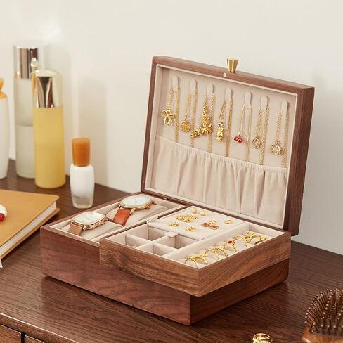 CHOSIN Black Walnut Wooden Jewelry Box for Women 2 Layer Jewelry Organizer with Removable Tray for Watches Rings Earrings Necklace Bracelets Christmas Gifts in Kuwait