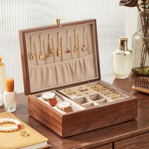 CHOSIN Black Walnut Wooden Jewelry Box for Women 2 Layer Jewelry Organizer with Removable Tray for Watches Rings Earrings Necklace Bracelets Christmas Gifts in Kuwait