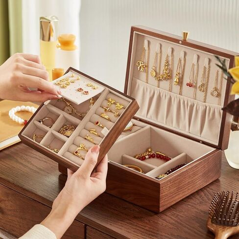 CHOSIN Black Walnut Wooden Jewelry Box for Women 2 Layer Jewelry Organizer with Removable Tray for Watches Rings Earrings Necklace Bracelets Christmas Gifts in Kuwait