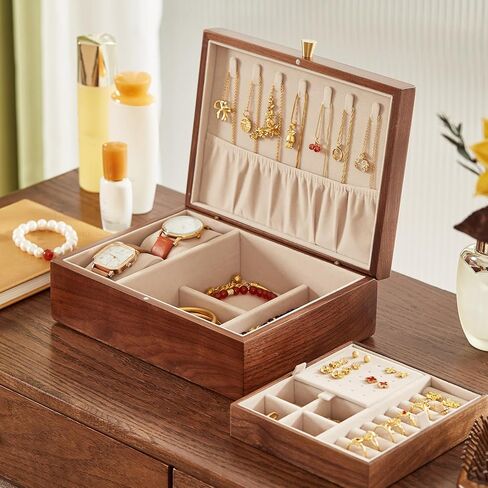 CHOSIN Black Walnut Wooden Jewelry Box for Women 2 Layer Jewelry Organizer with Removable Tray for Watches Rings Earrings Necklace Bracelets Christmas Gifts in Kuwait